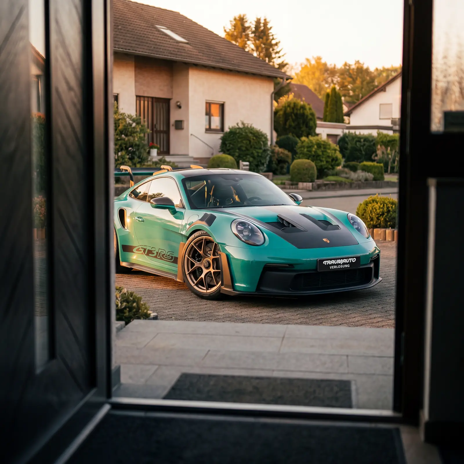 Porsche 911 GT3 RS in Türkis steht vor einem Einfamilienhaus in einer Einfahrt, gesehen durch eine geöffnete Haustür