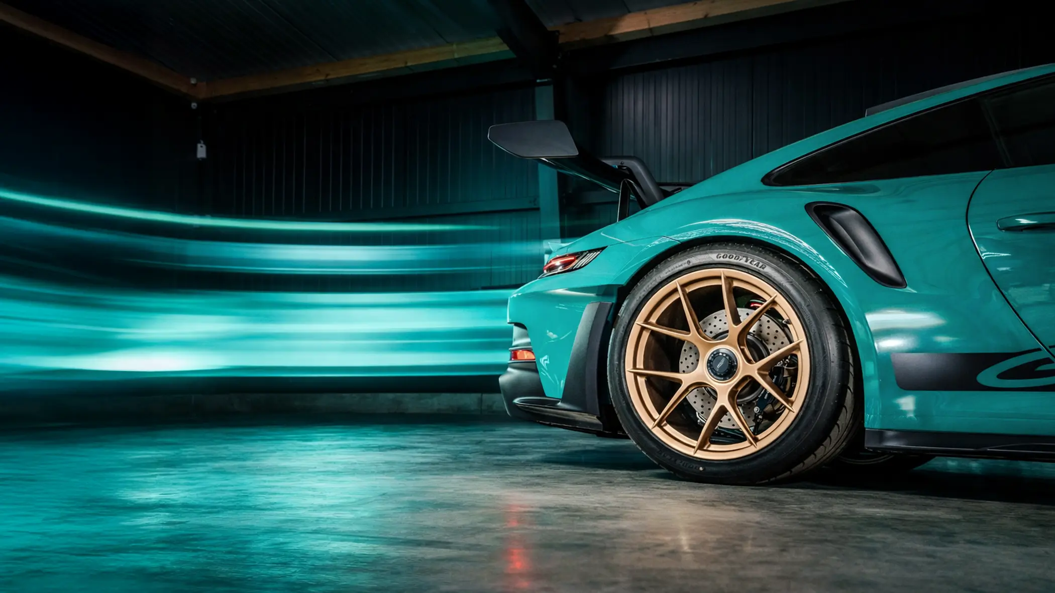 Seitenansicht des Porsche 911 GT3 RS in Smyrna Green mit goldener Magnesium-Felge und dynamischen Lichtspuren im Hintergrund