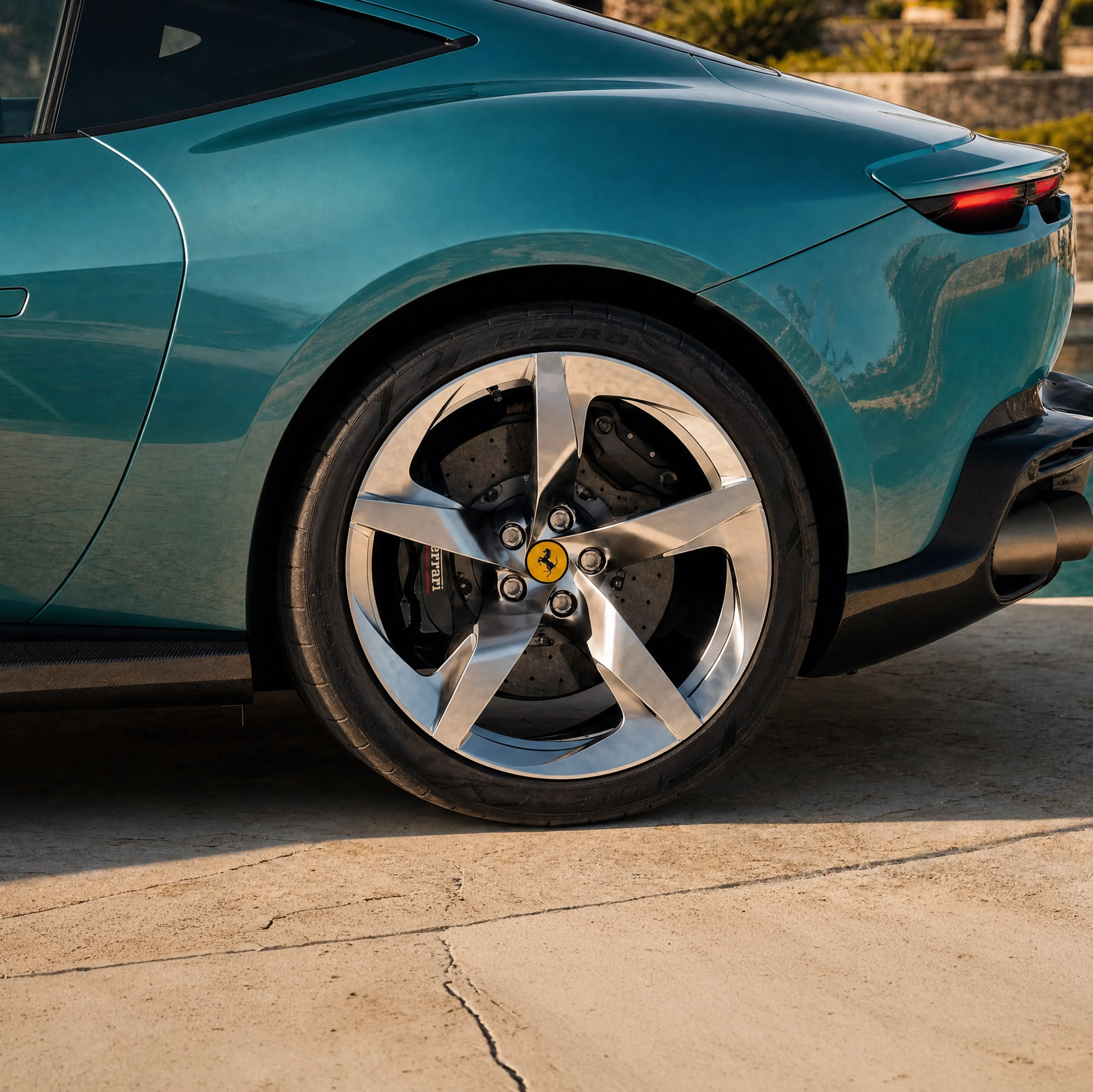 Detailaufnahme der Leichtmetallfelge mit Bremsscheibe des Ferrari Amalfi.