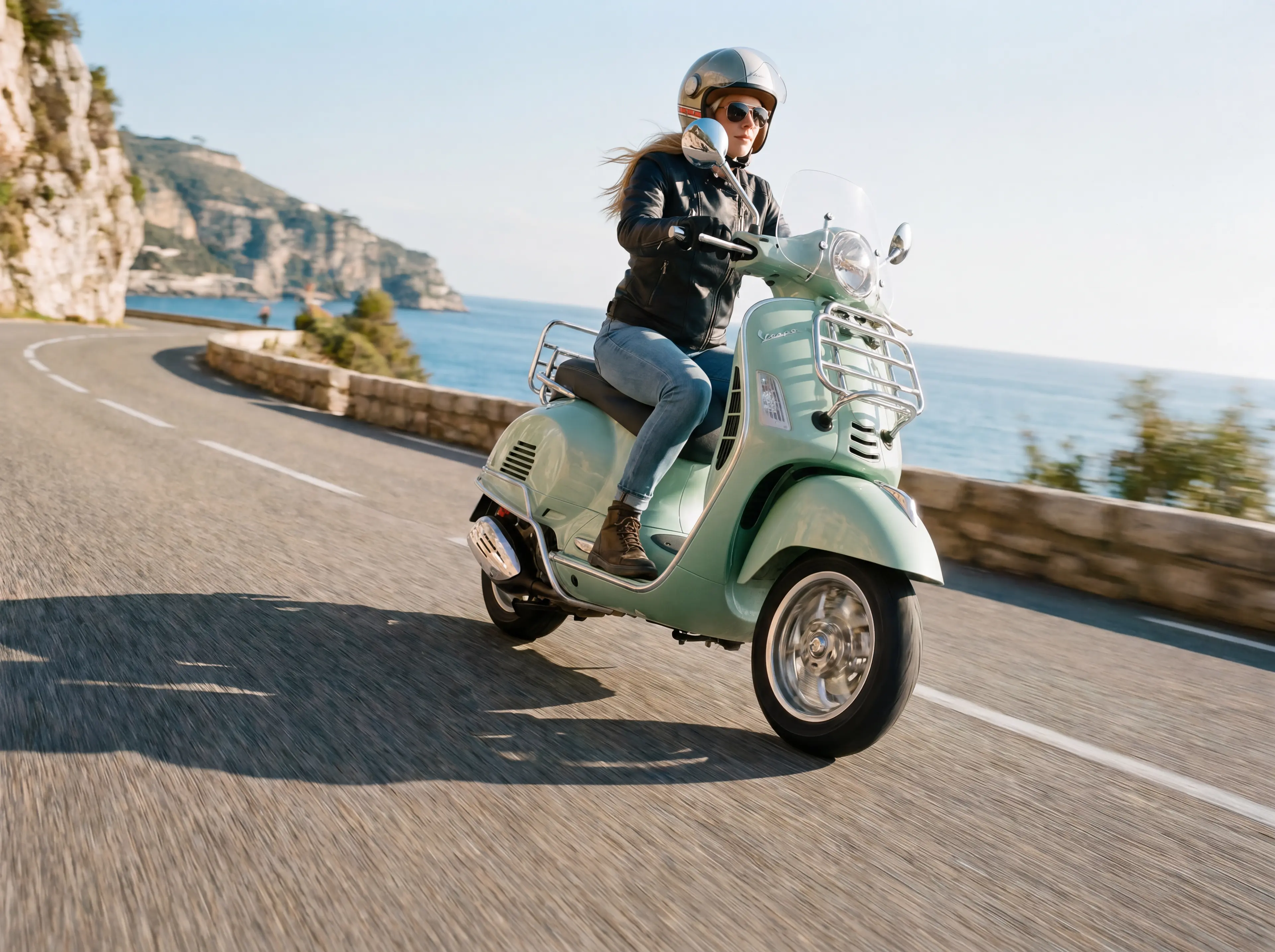 Frau fährt eine mintgrüne Vespa GTS 125 auf einer Küstenstraße an der Amalfi Küste